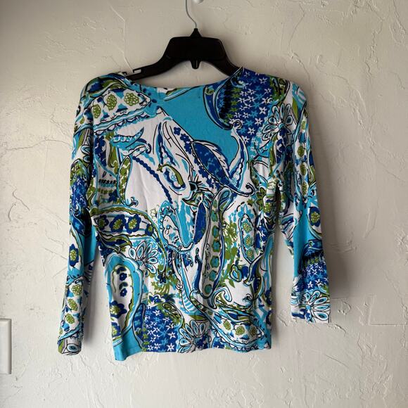 Women's Medium Y2k Retro Blue Green Floral Sequin Slinky Beaded Long Slv Blouse‎ - Picture 5 of 7